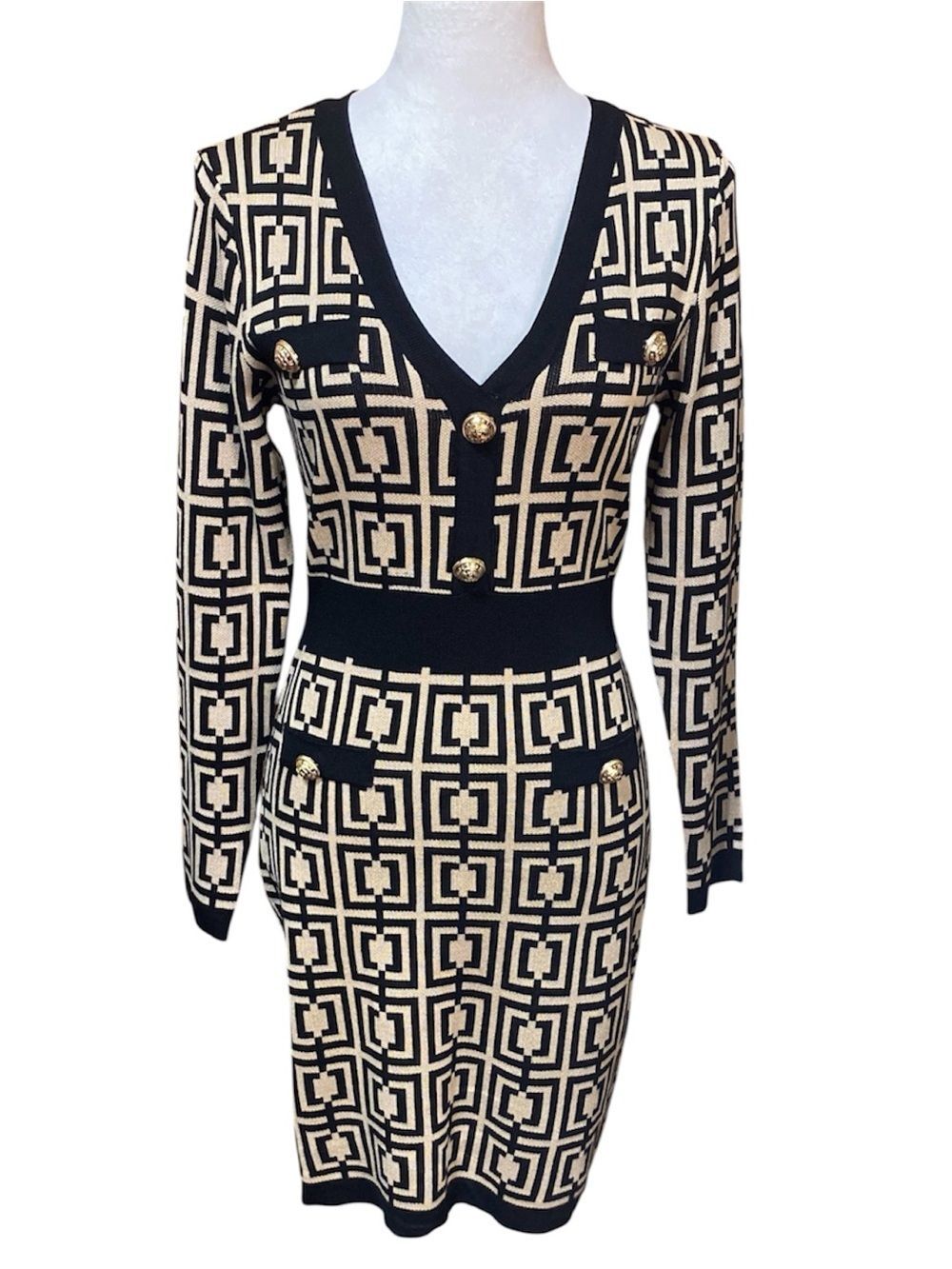NWOT Almost Famous Black and Tan Geometric Knit V-Neck Dress